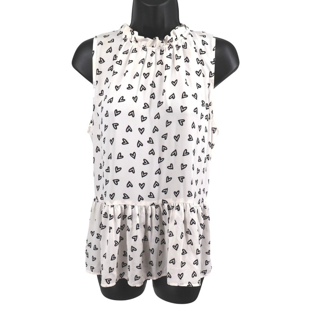LOFT Heart Print Tie Neck Peplum Blouse L Sleeveless Ruffle NWT Cottagecore
